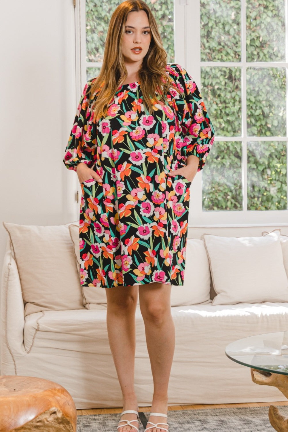 Full Size Floral Puff Sleeve Mini Dress