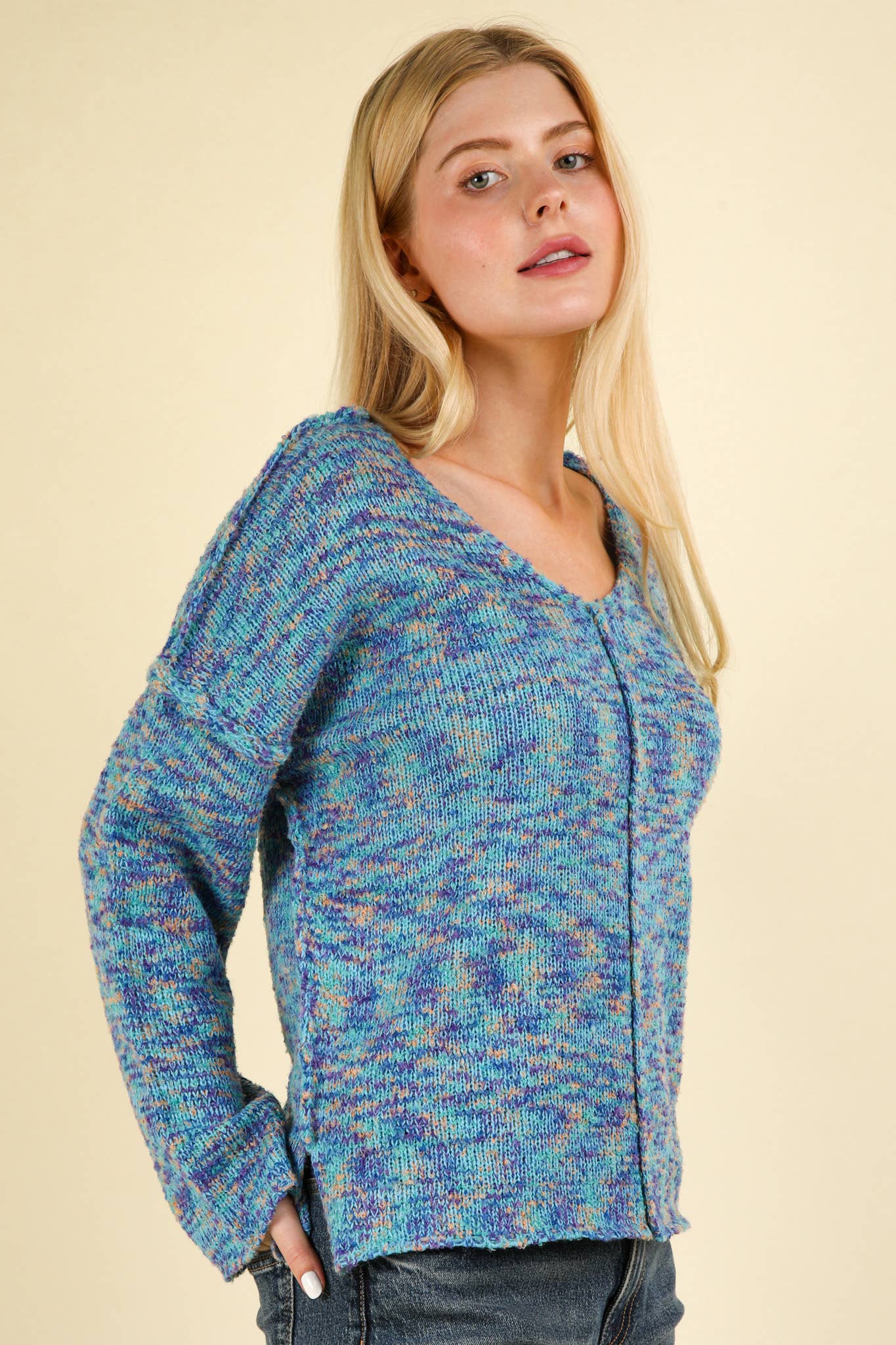 12W3270N-Oversized Casual Multi Color Knit Sweater Top