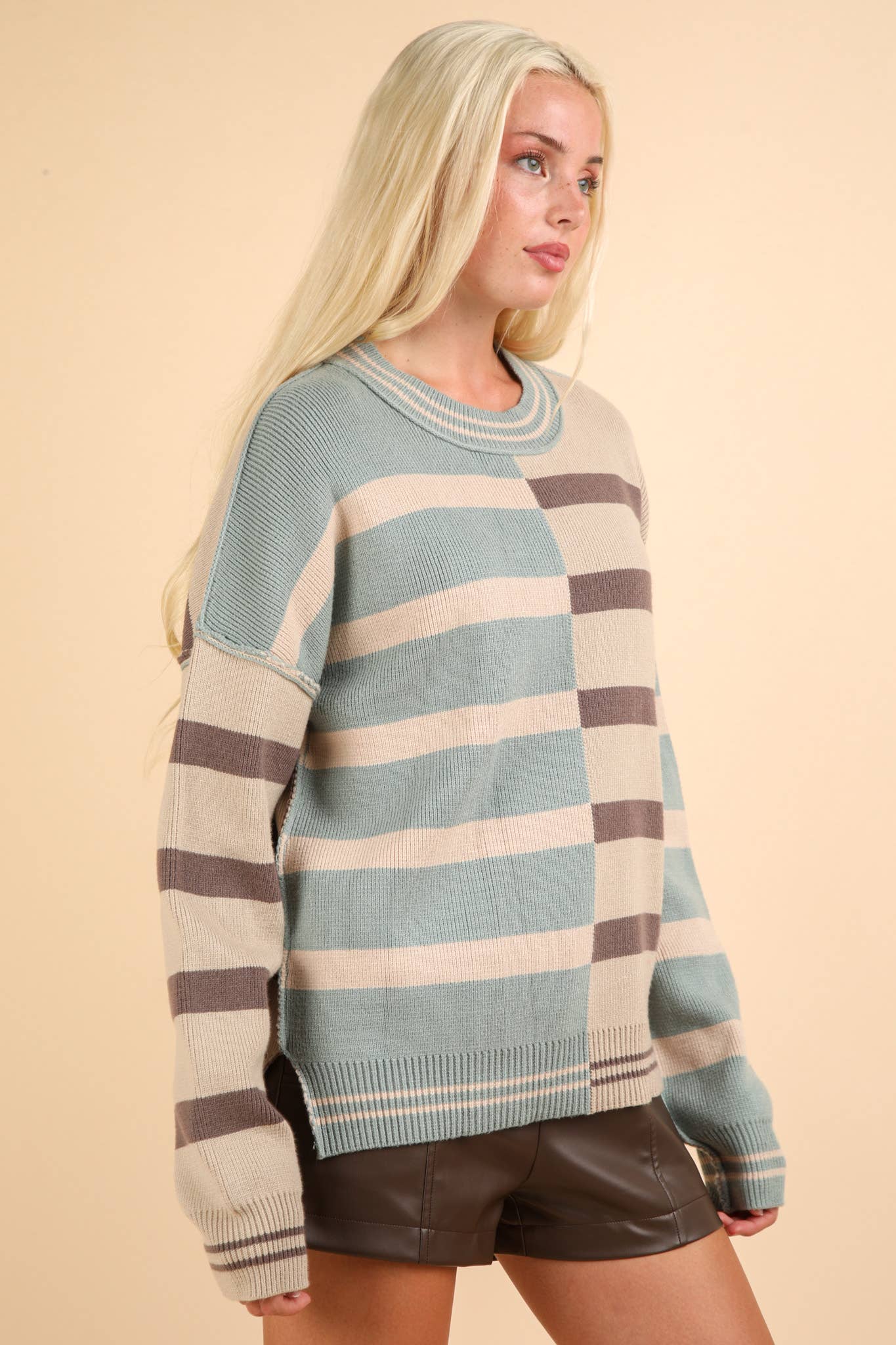 12W3185N-Color Block Oversized Striped Knit Sweater Top