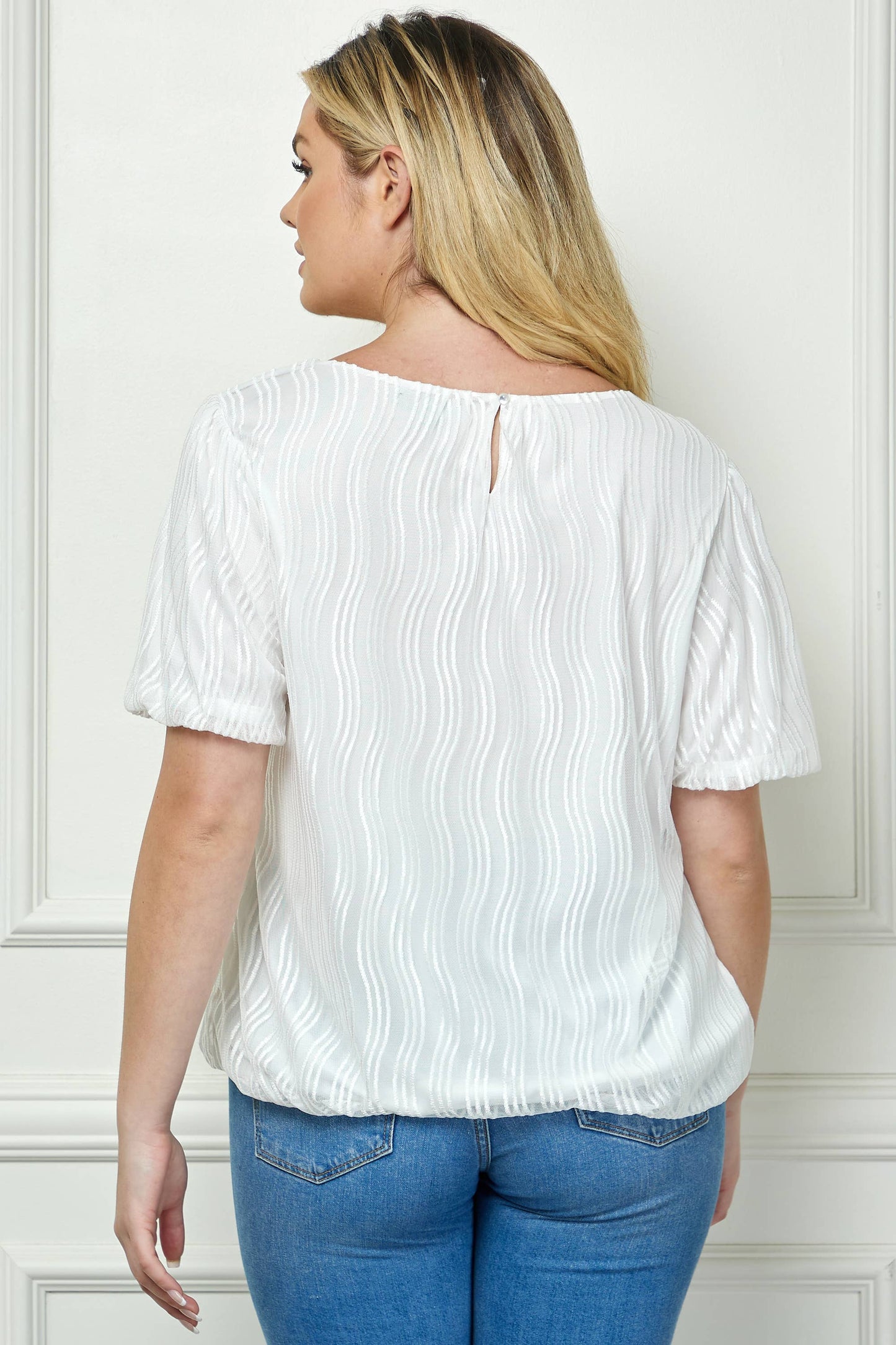 PLUS SIZE WAVE CORD MESH BUBBLE SLEEVE PLEATS TOP