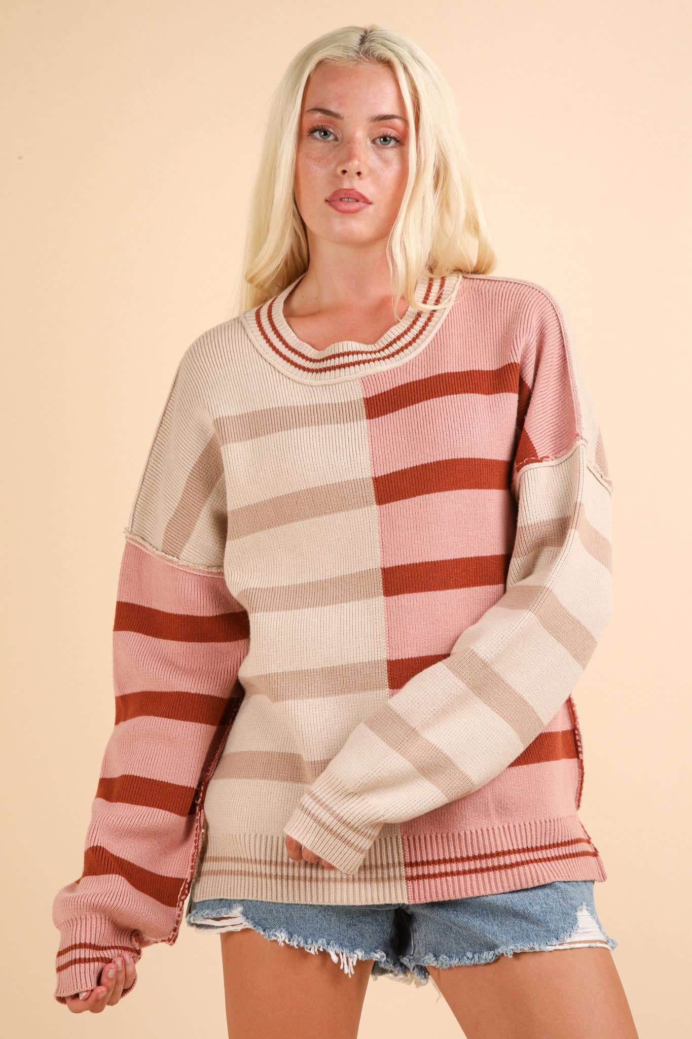 12W3185N-Color Block Oversized Striped Knit Sweater Top