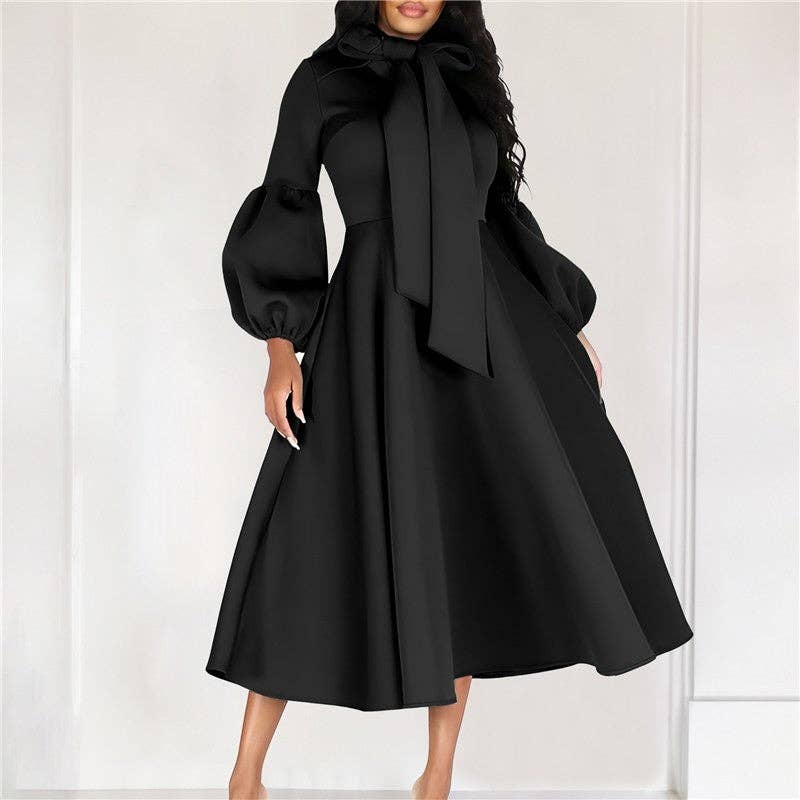 Bubble Sleeve Tie-Waist Maxi Evening Dress