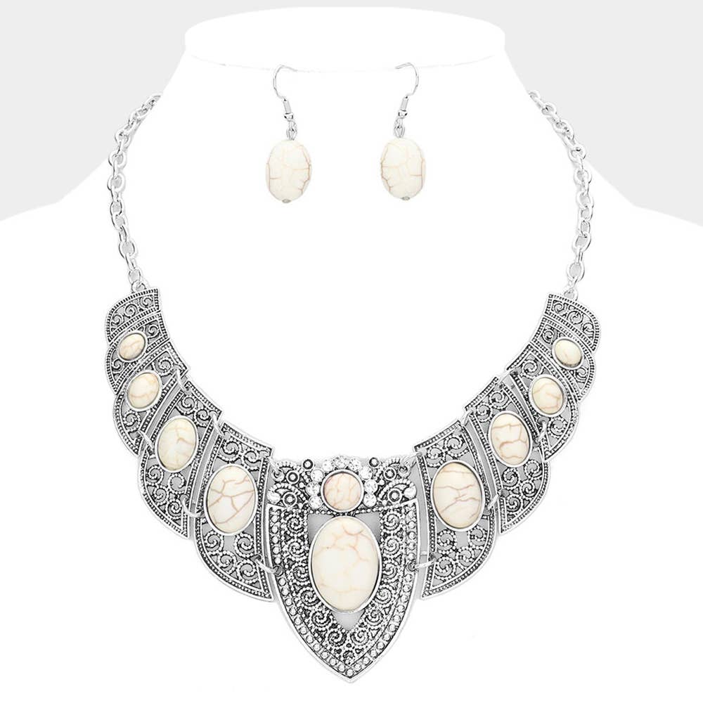 Antique Metal Natural Stone Embellished Necklace
