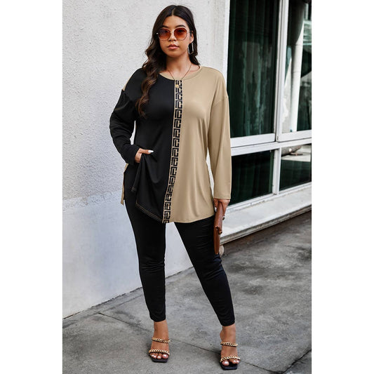 Plus Color Block Print Round Neck Loose Fit Set