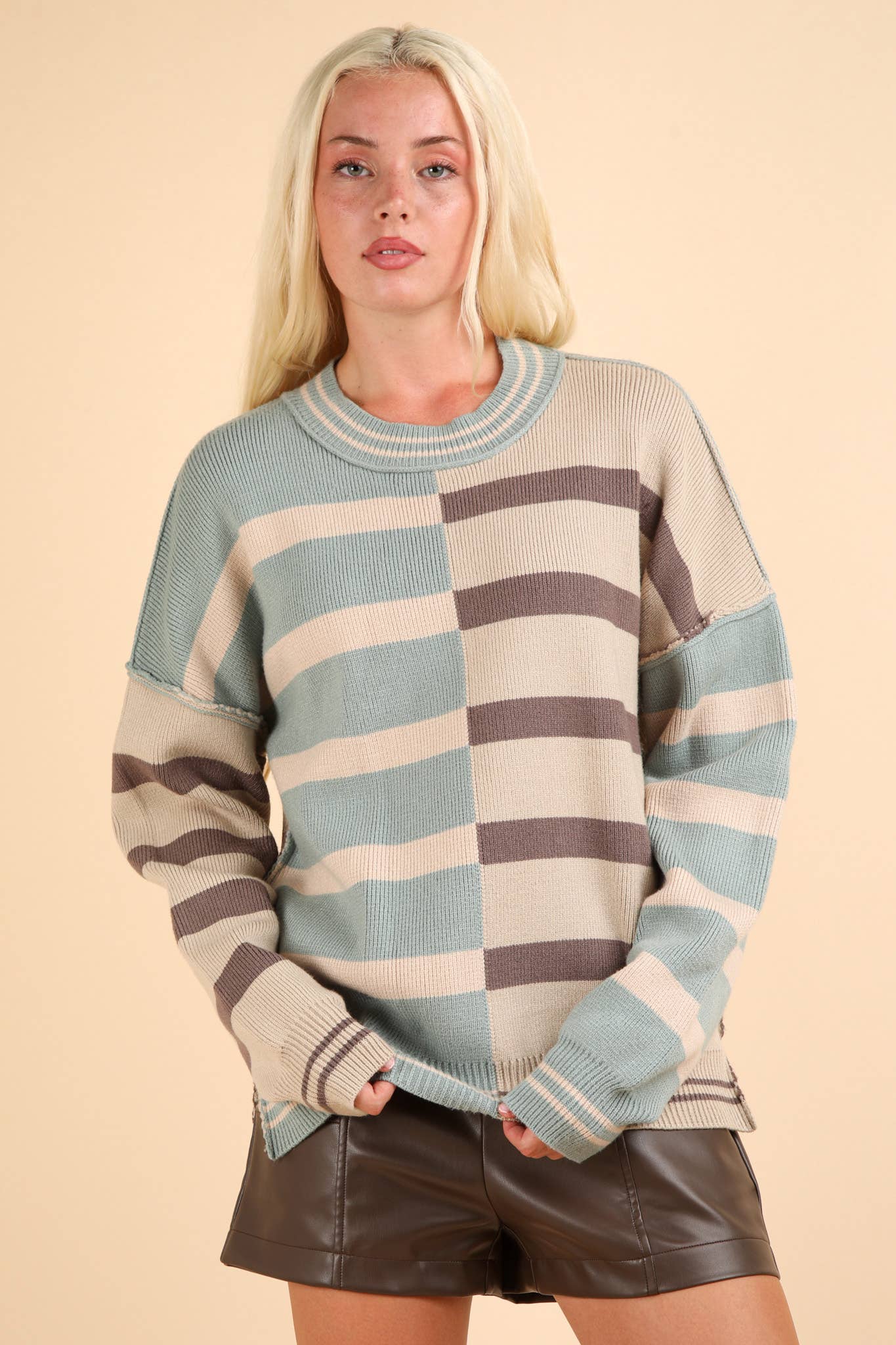 12W3185N-Color Block Oversized Striped Knit Sweater Top