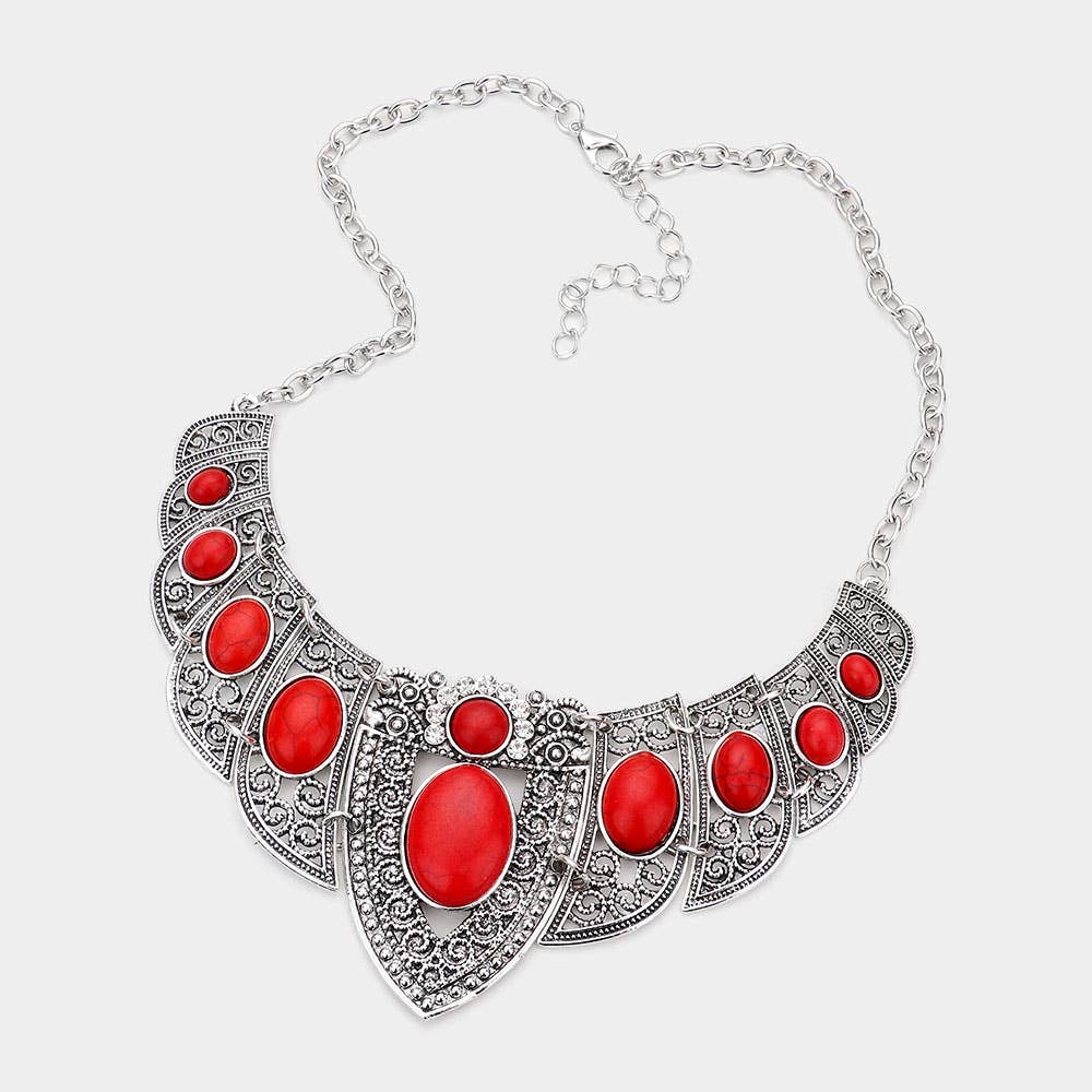 Antique Metal Natural Stone Embellished Necklace