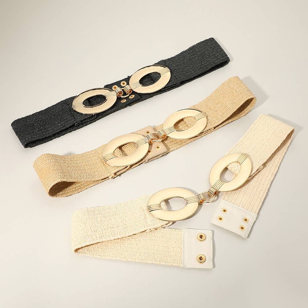 Metal Oval Buckle Accented Elastic Waist Belt