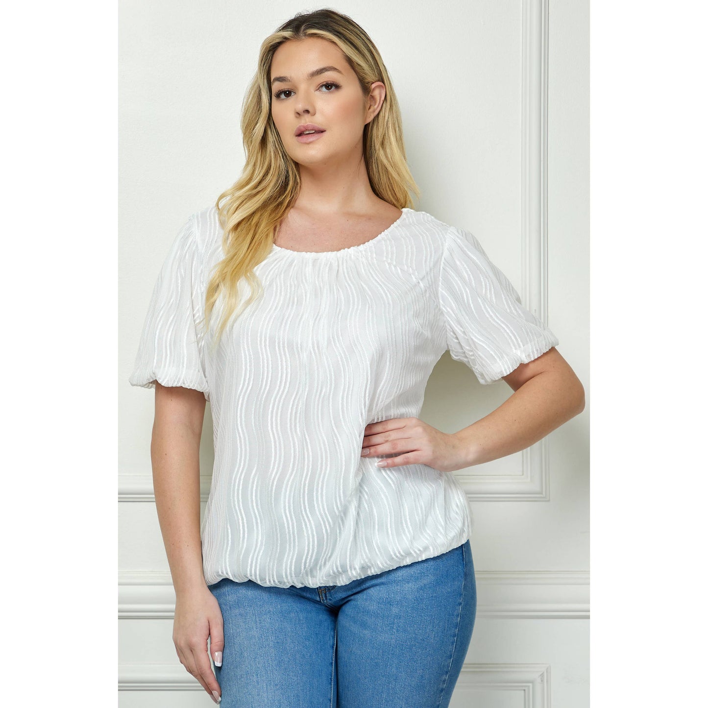 PLUS SIZE WAVE CORD MESH BUBBLE SLEEVE PLEATS TOP