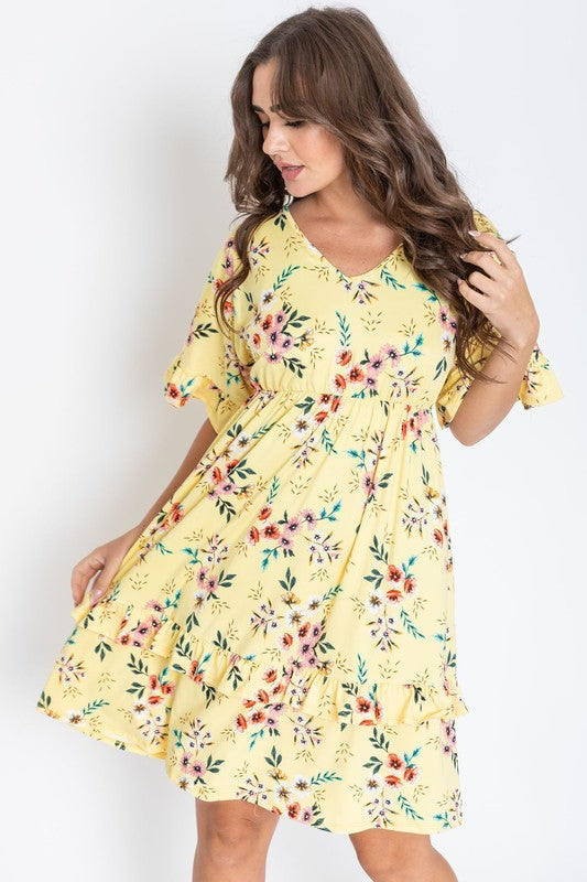 Floral V Neck Ruffle Dress