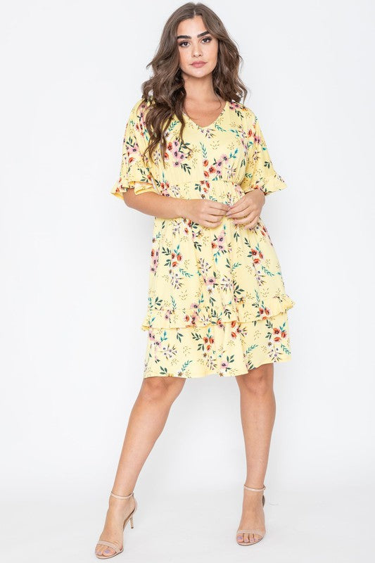 Floral V Neck Ruffle Dress