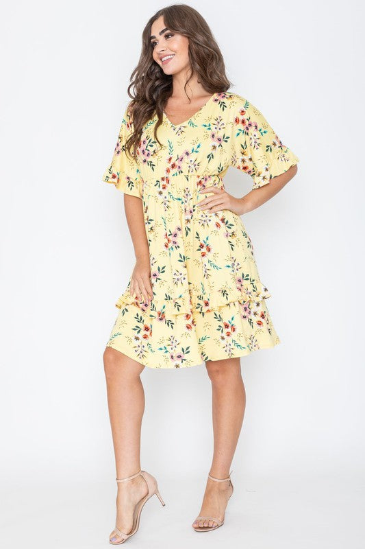 Floral V Neck Ruffle Dress