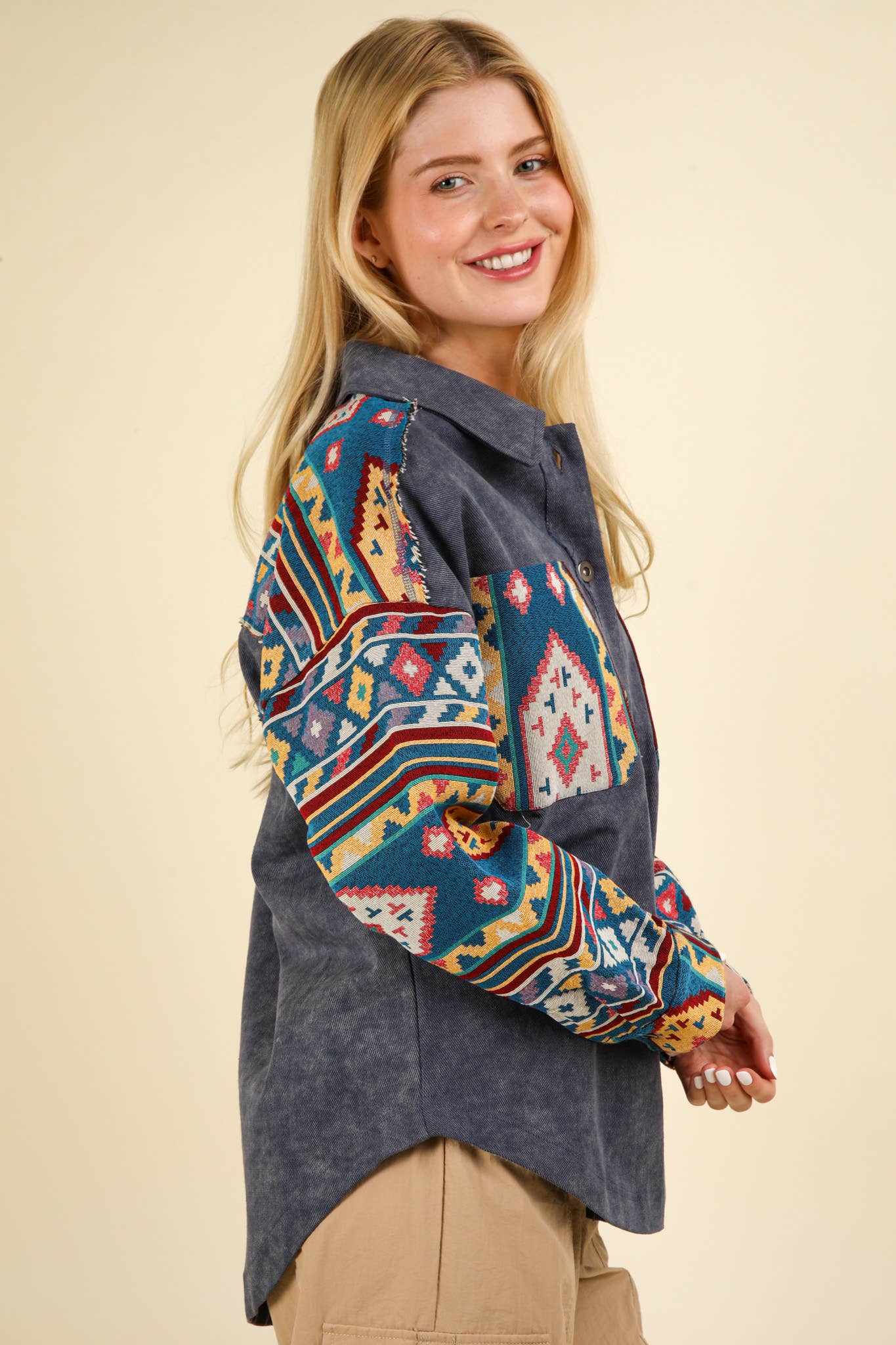 NJ90328-Aztec Graphic Oversized Button Down Shacket Jacket