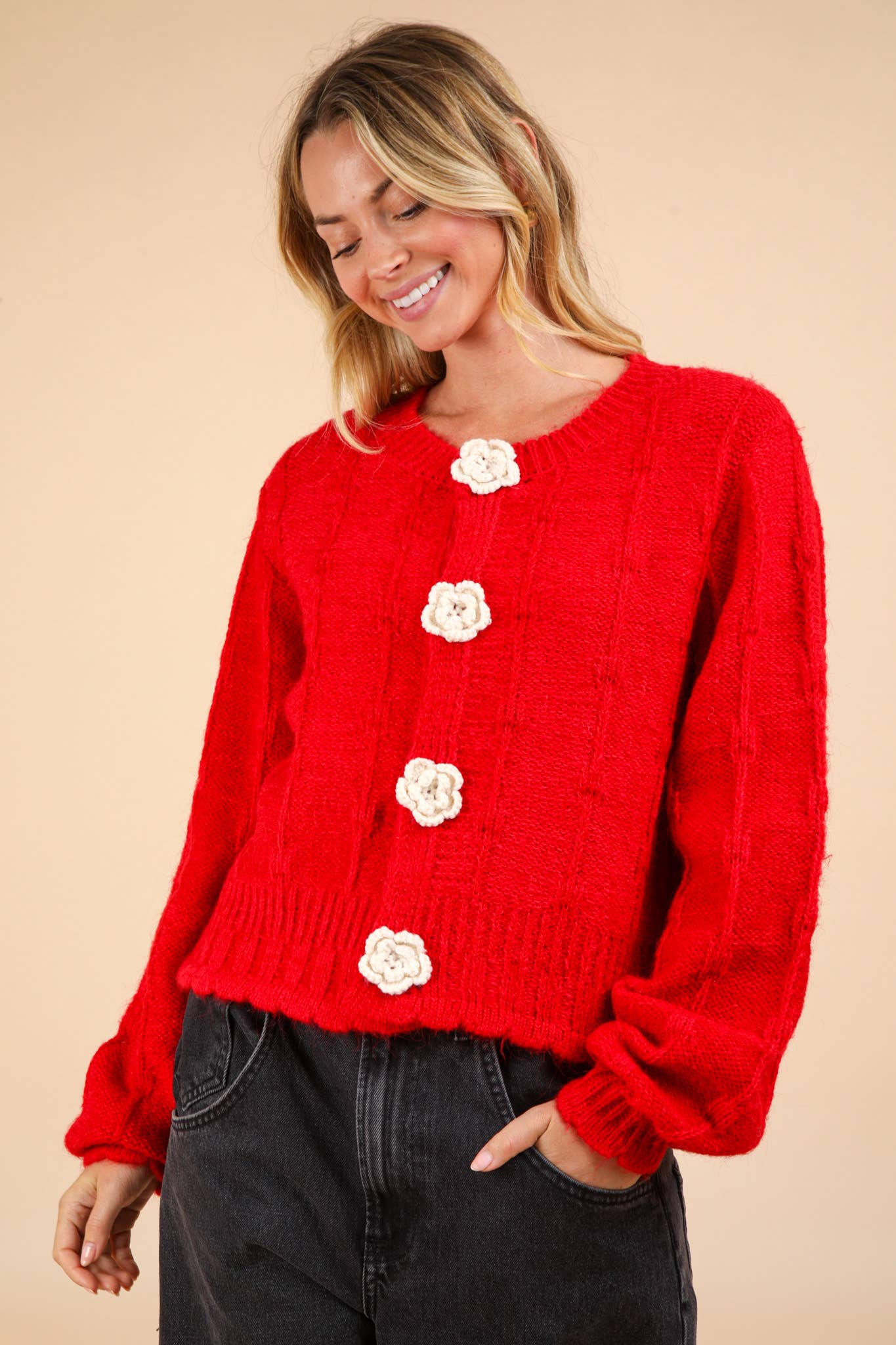 12W3115N-Floral Button Crop Length Knit Sweater Cardigan