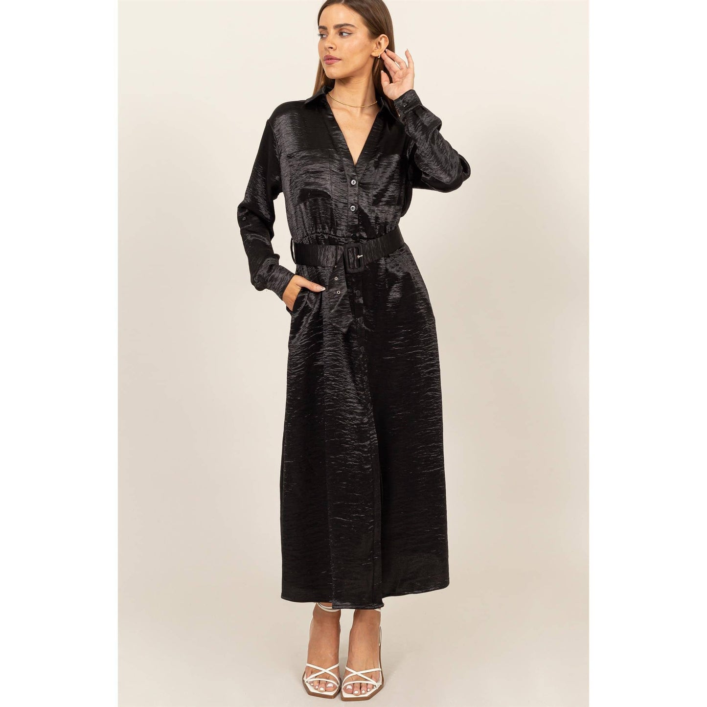 HF24C828-SATIN SHIRT DRESS WITH BELT