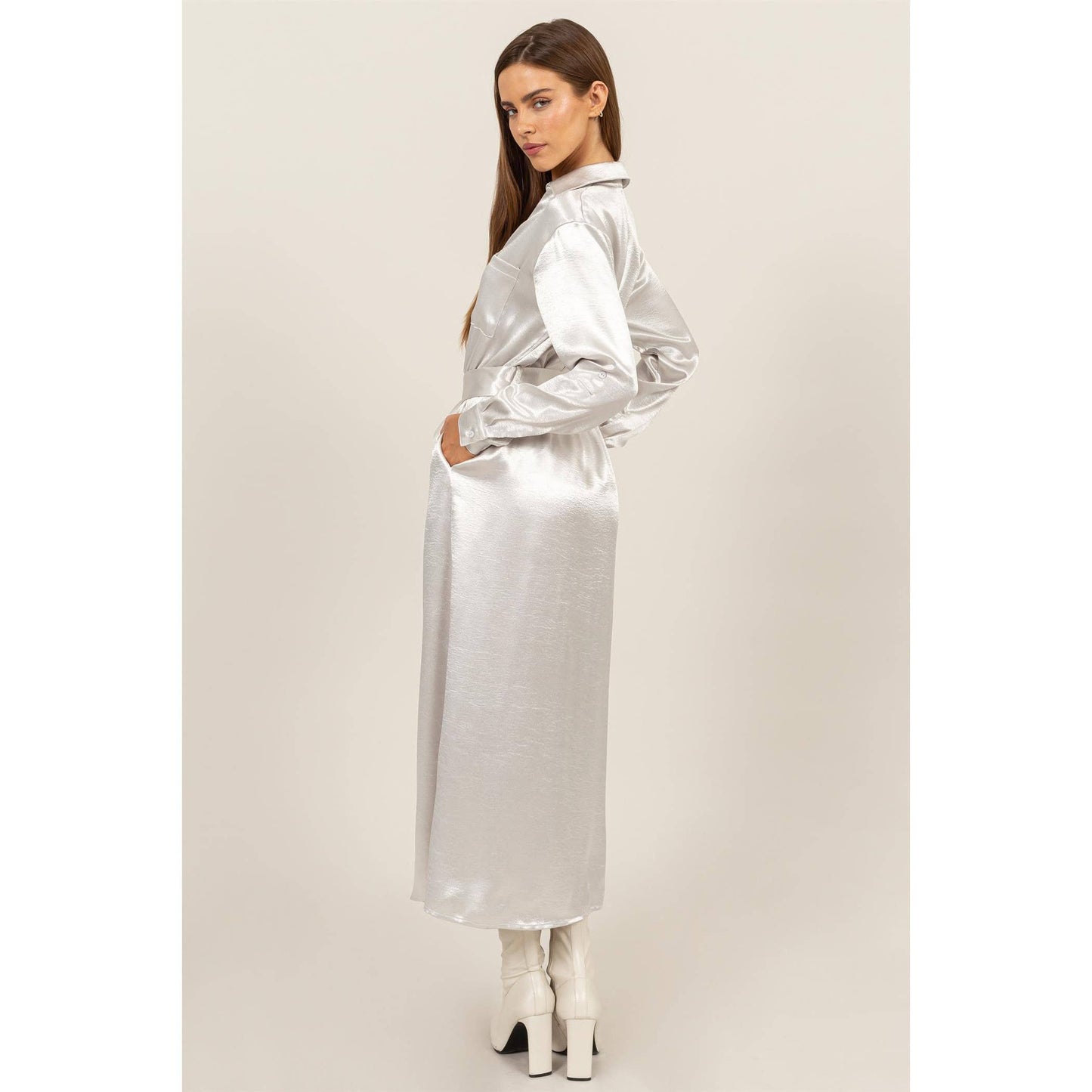 HF24C828-SATIN SHIRT DRESS WITH BELT