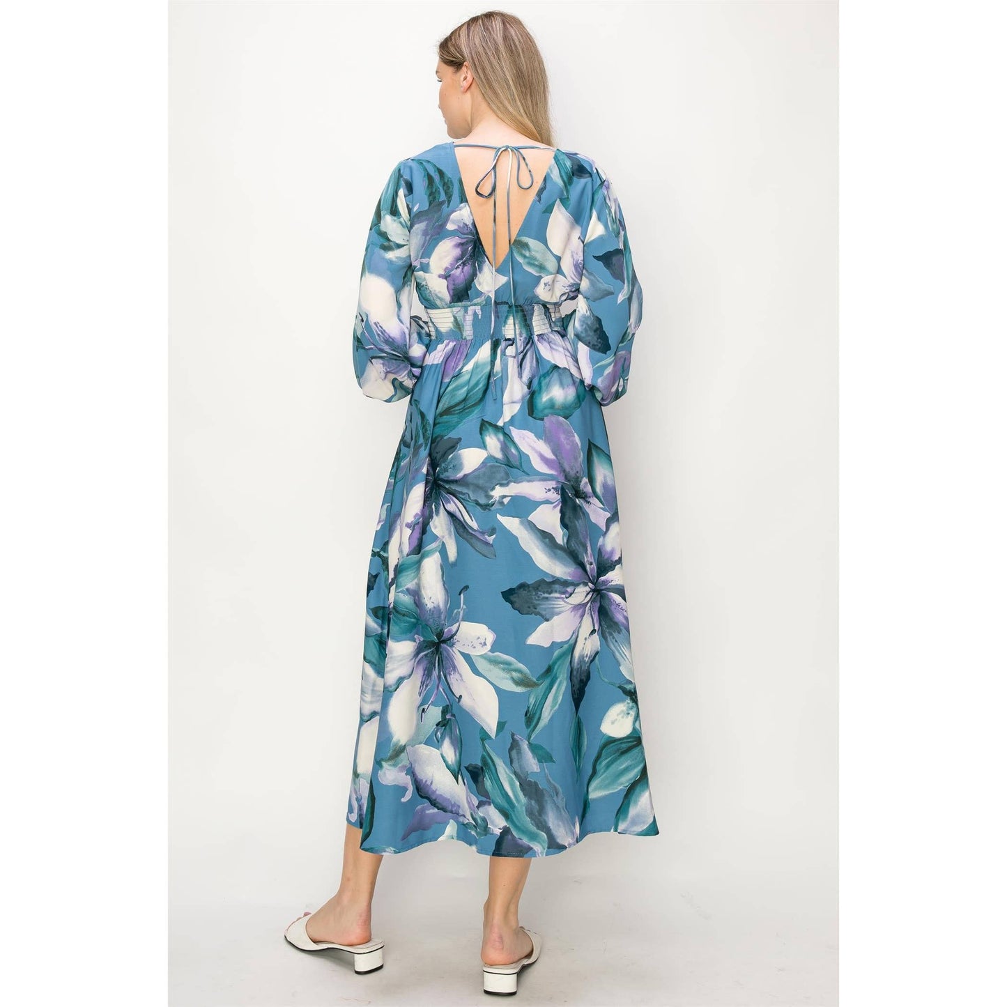 OL24A140-LONG SLEEVE STRETCH WAIST MAXI DRESS