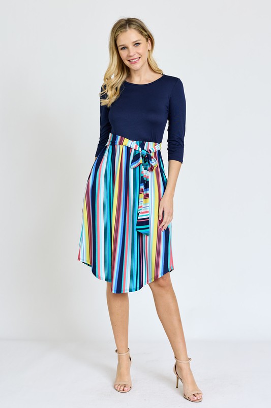 Quarter Sleeve Multi Stripe Sash Midi Dress