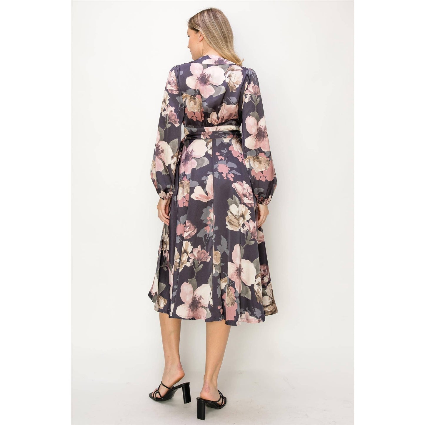 SATIN FLORAL LONG SLEEVE V-NECK WRAP MAXI DRESS