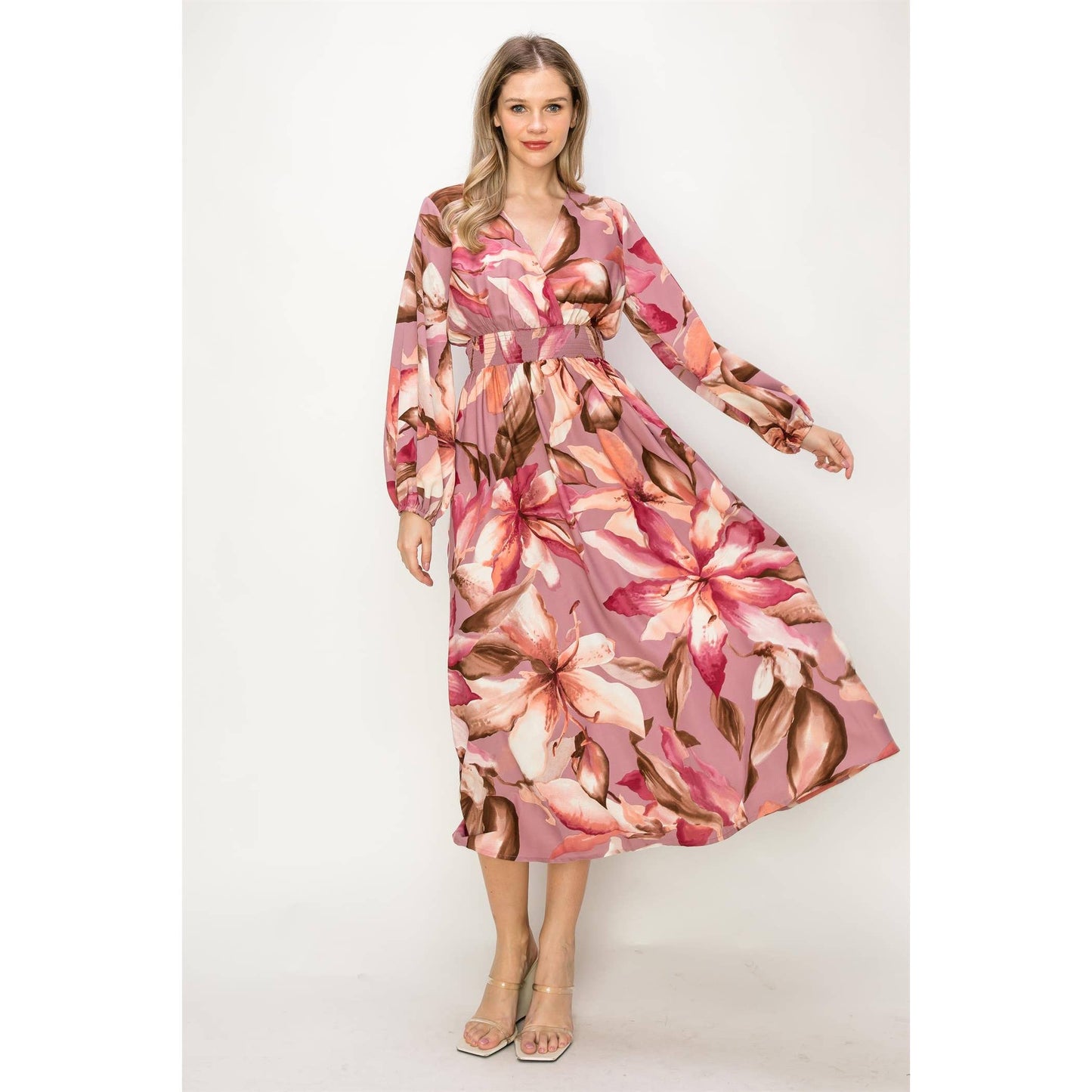 OL24A140-LONG SLEEVE STRETCH WAIST MAXI DRESS