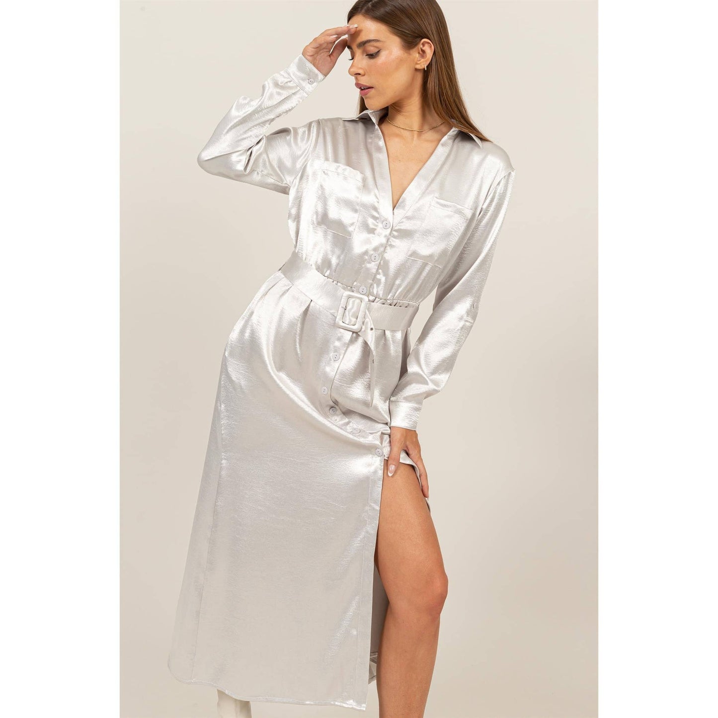 HF24C828-SATIN SHIRT DRESS WITH BELT