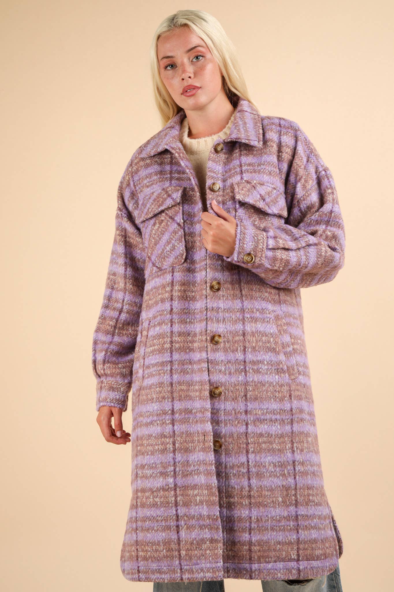 NJ90325-Aztec & Plaid Printed Shacket Jacket Coat
