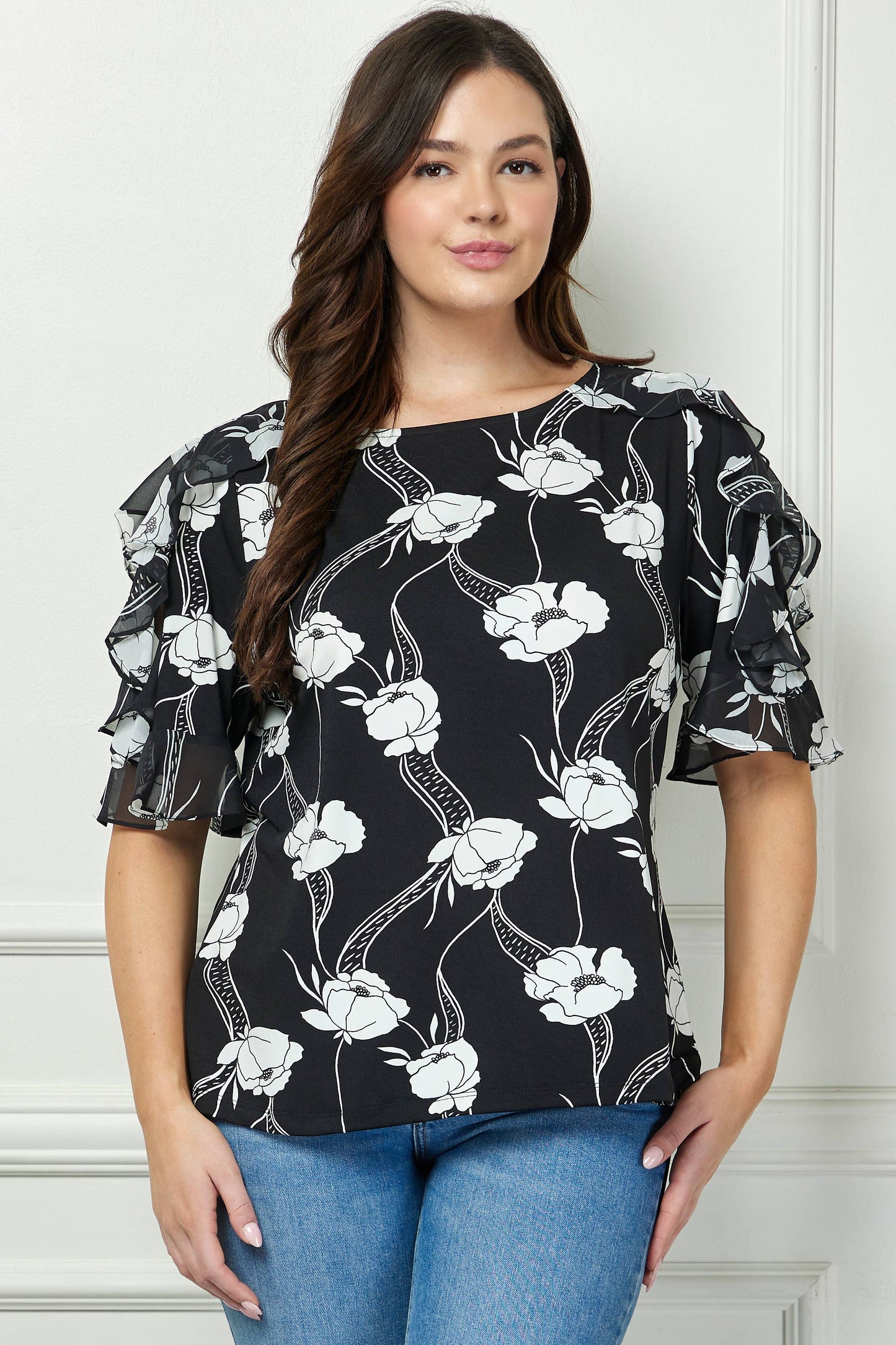 PLUS SIZE BOATNECK TOP WITH RUFFLE SLEEVES