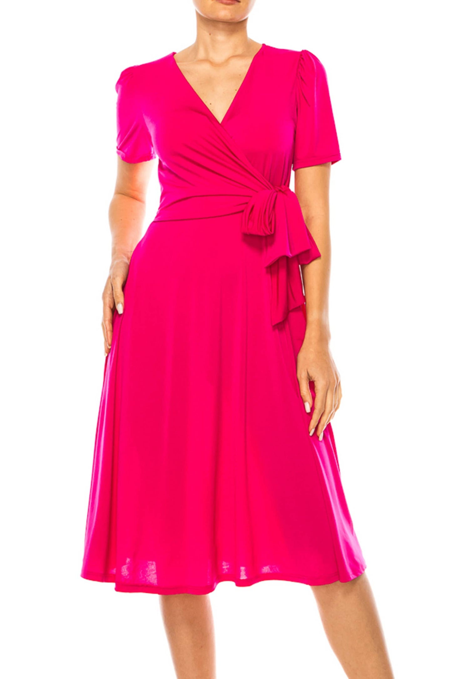 Stylish Solid Faux Wrap Dress with Deep V-Neck