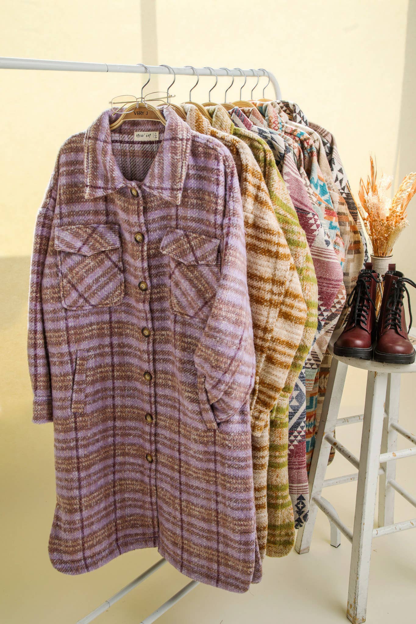 NJ90325-Aztec & Plaid Printed Shacket Jacket Coat