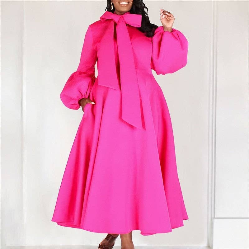 Bubble Sleeve Tie-Waist Maxi Evening Dress