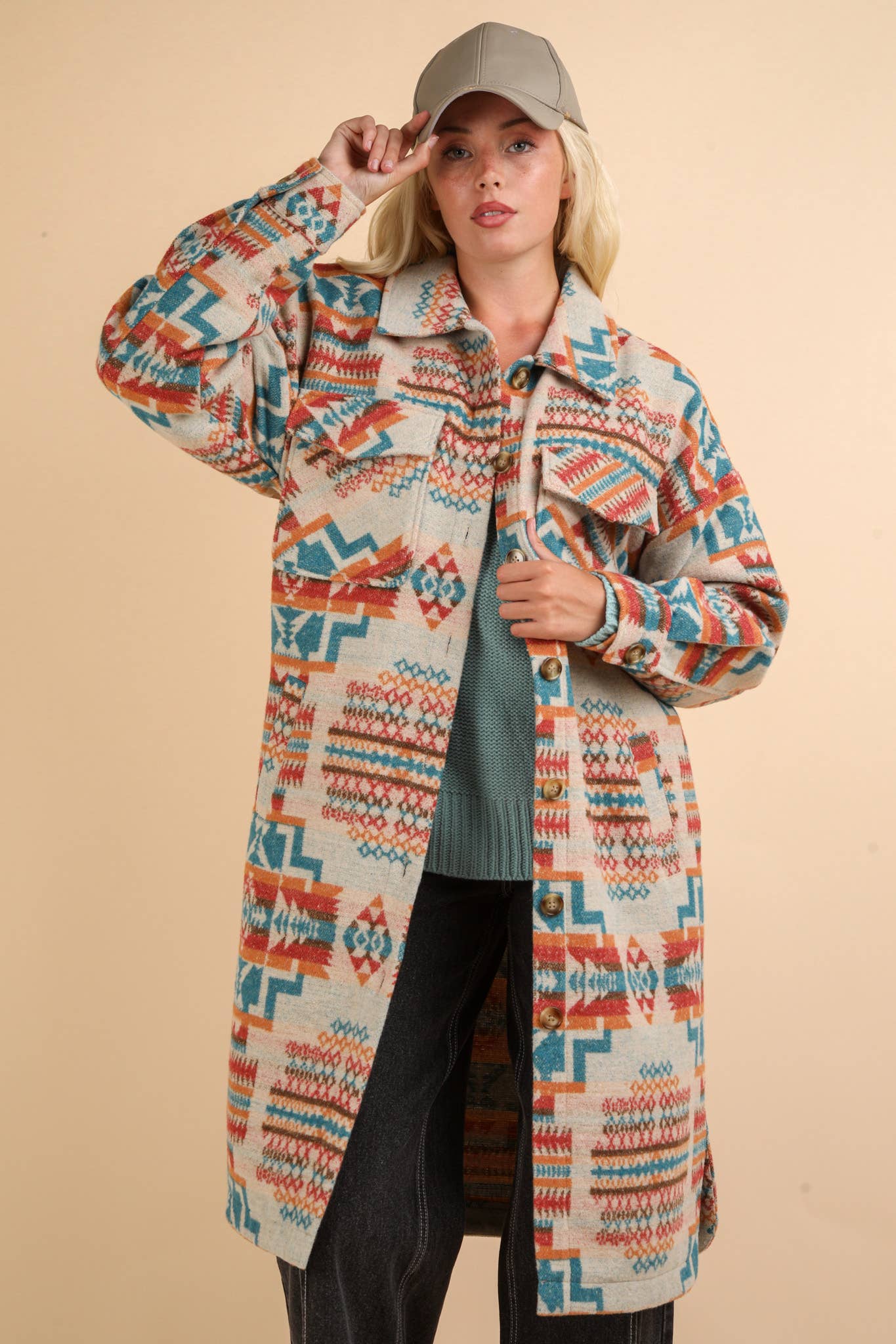 NJ90325-Aztec & Plaid Printed Shacket Jacket Coat