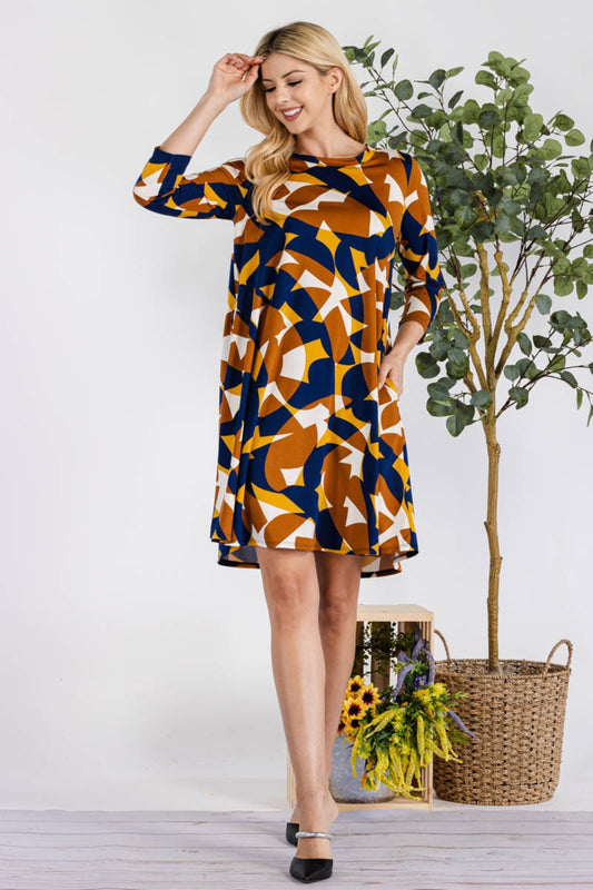 Full Size Geometric Round Neck Dress with Pockets