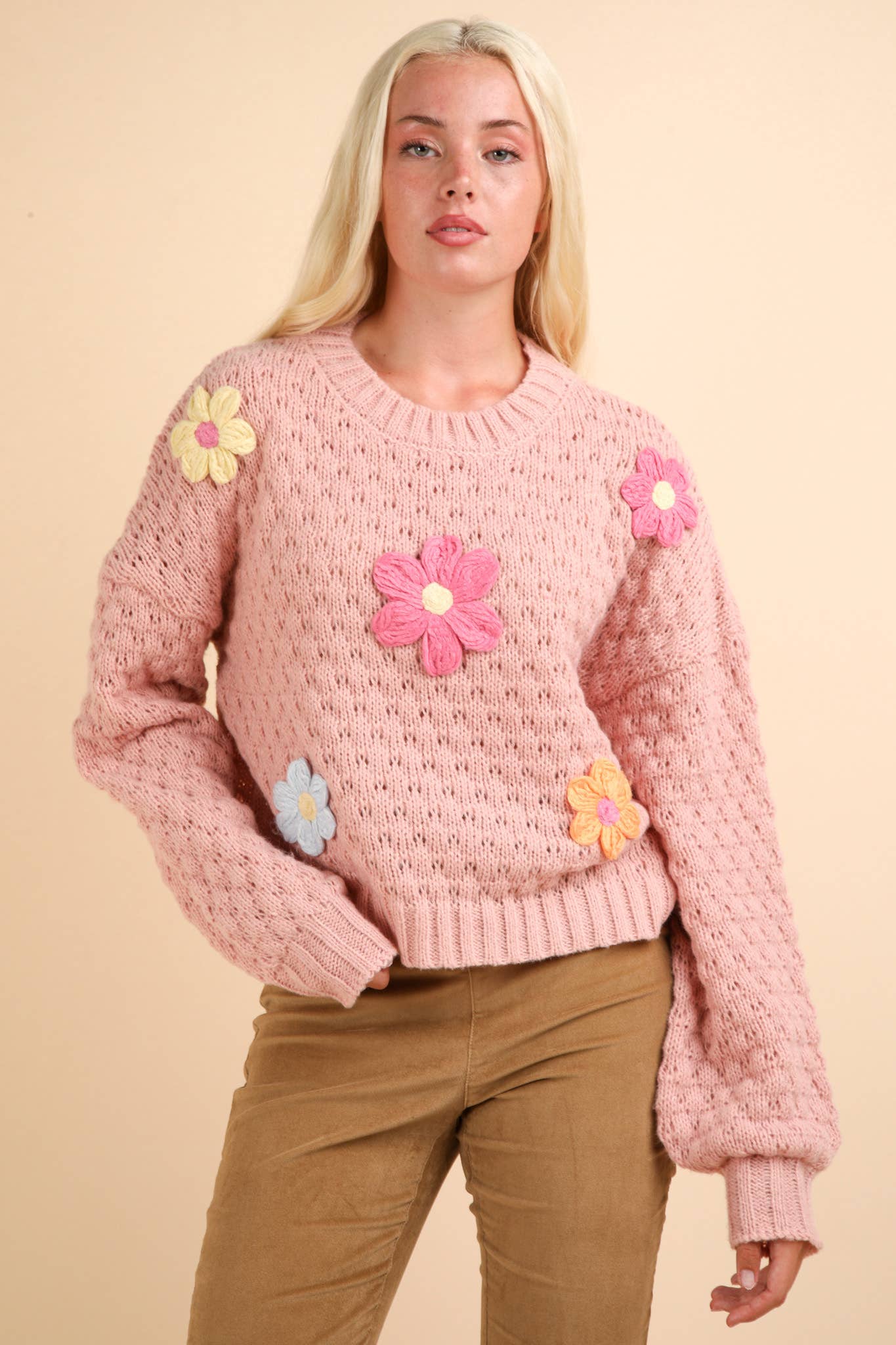 12W3111N-Hand Made Flower Applique Knit Sweater Top