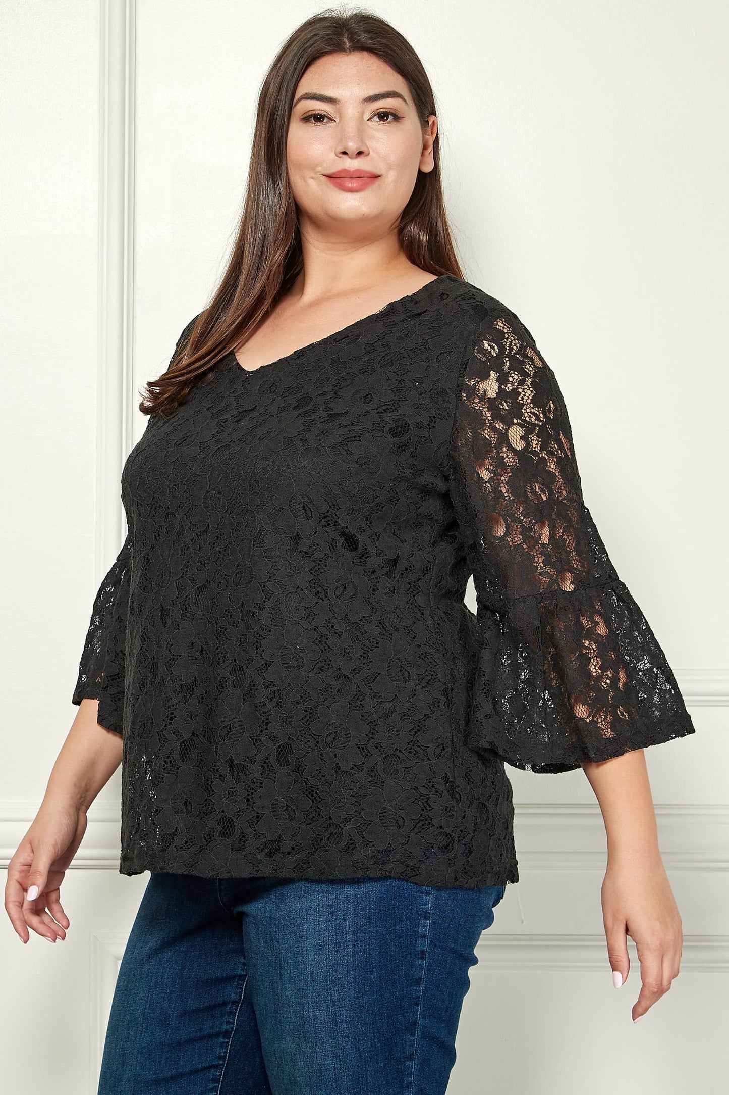 PLUS SIZE V- NECK ELBOW SLEEVE LACE TOP G9018250PX