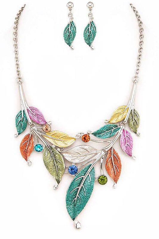 Metal Leaf Statement Necklace Set