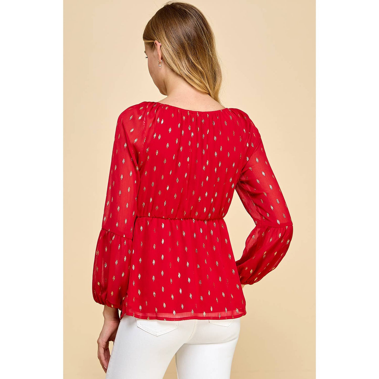 FOIL DOT CHIFFON LONG SLEEVE TWIST BODICE TOP T8262110F