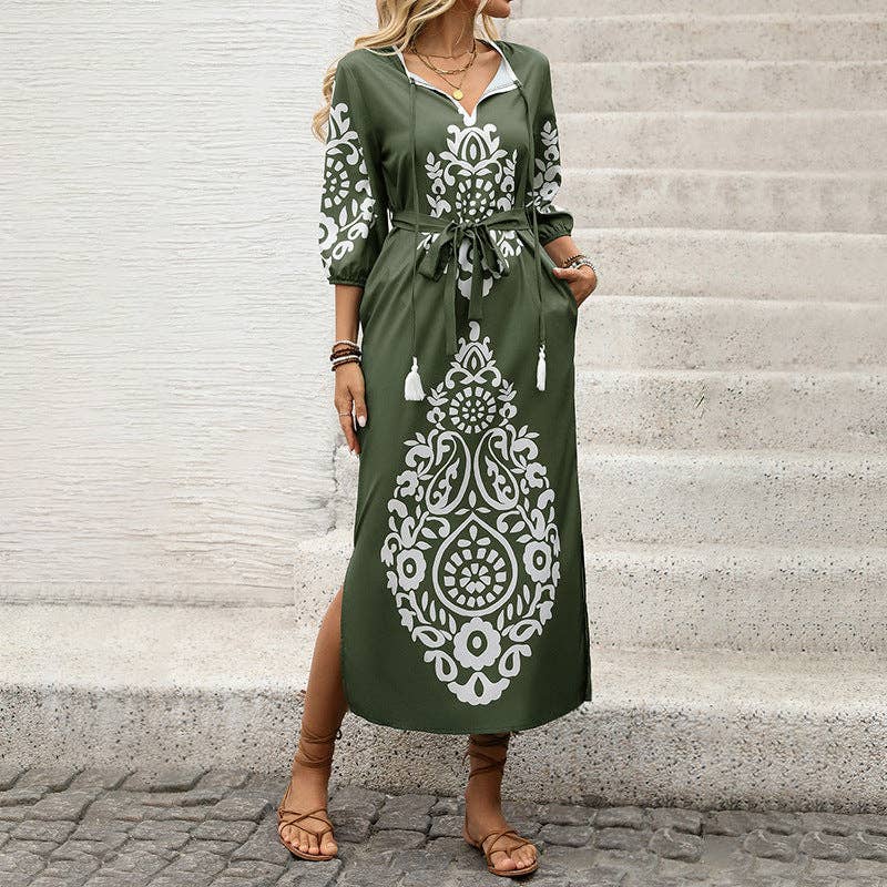 Green Split Hem Folk Style Midi Dress with Belt