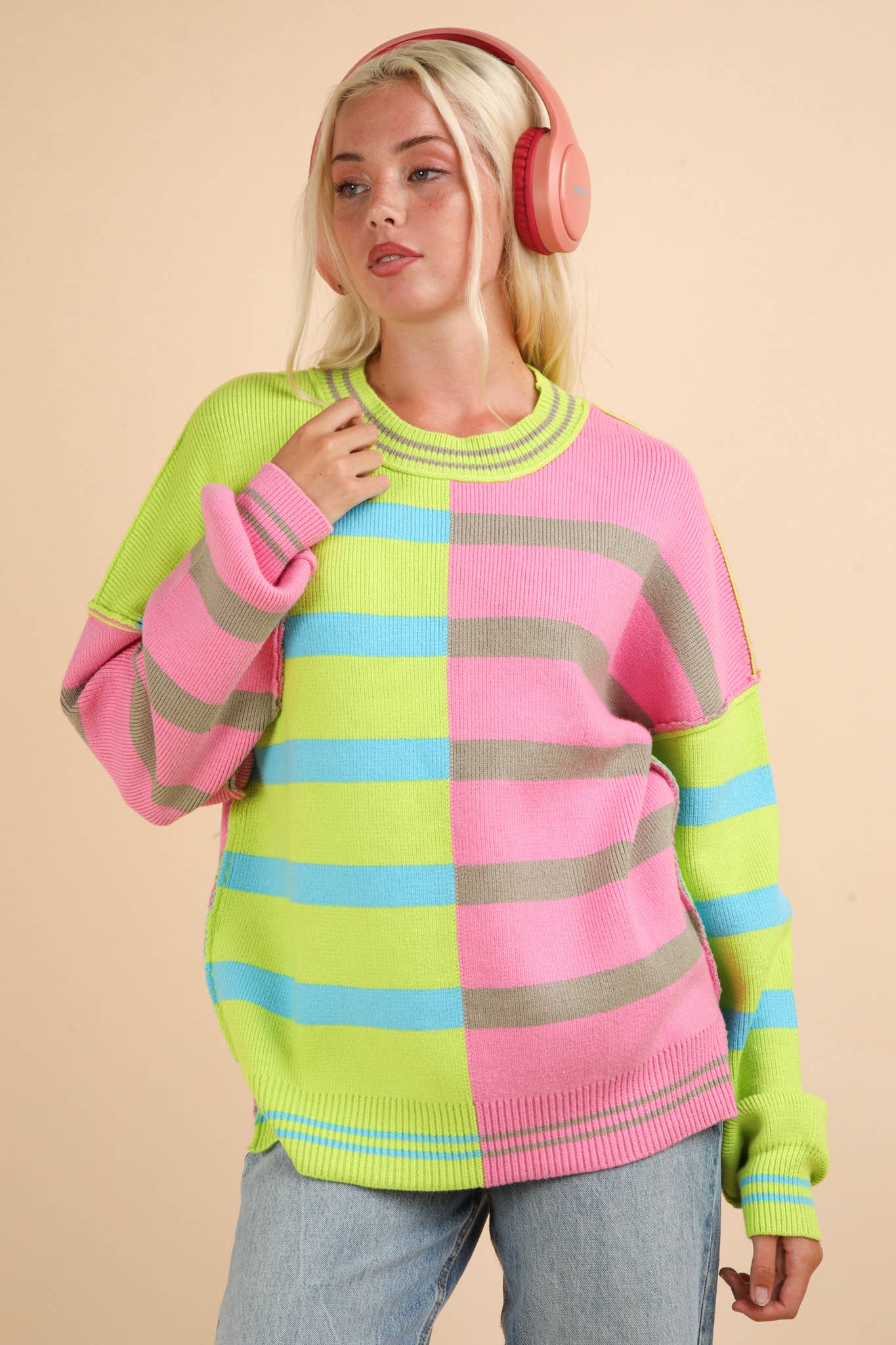12W3185N-Color Block Oversized Striped Knit Sweater Top