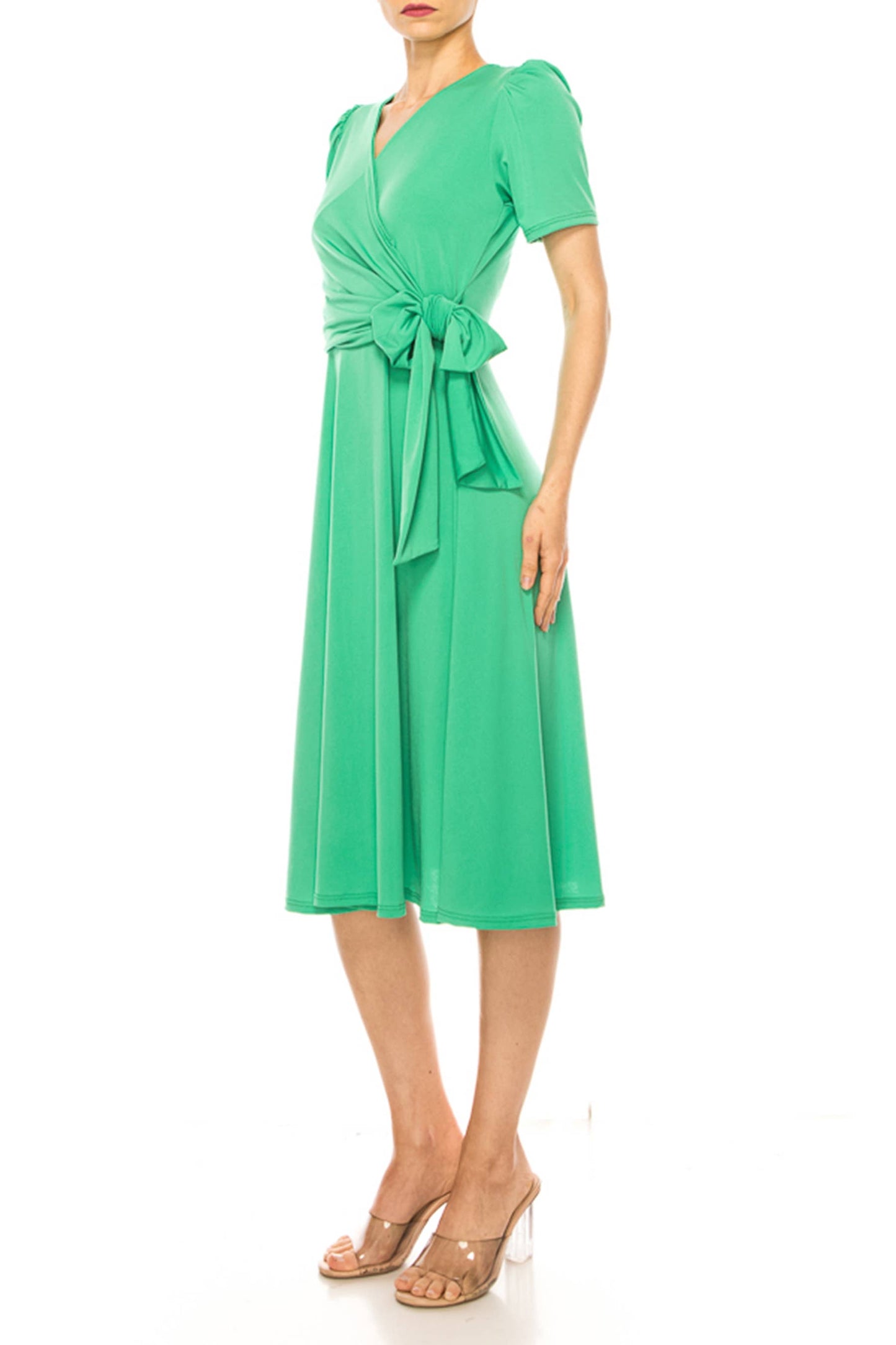 Stylish Solid Faux Wrap Dress with Deep V-Neck