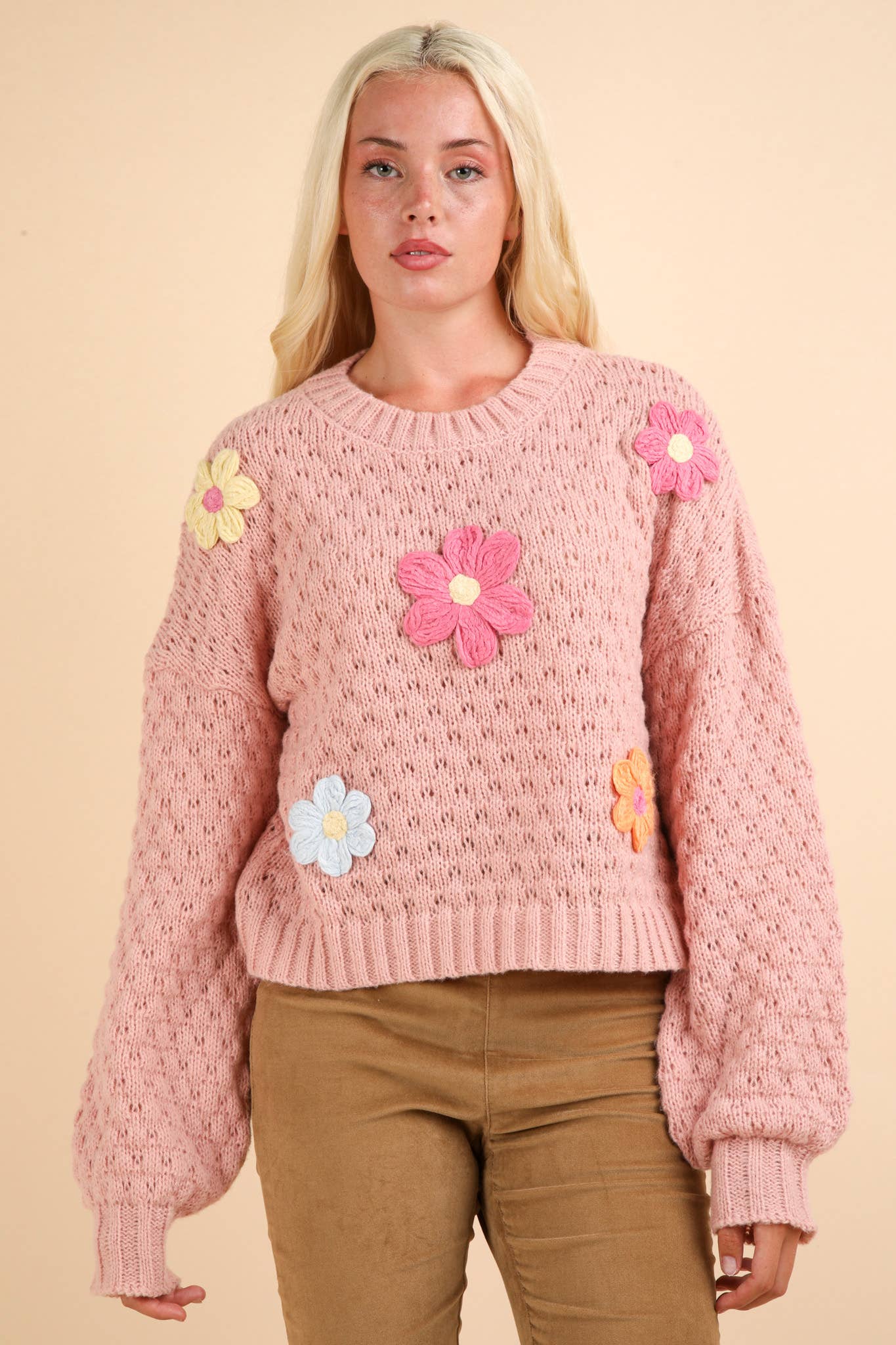 12W3111N-Hand Made Flower Applique Knit Sweater Top