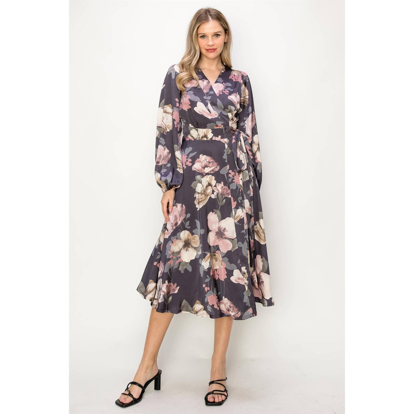SATIN FLORAL LONG SLEEVE V-NECK WRAP MAXI DRESS