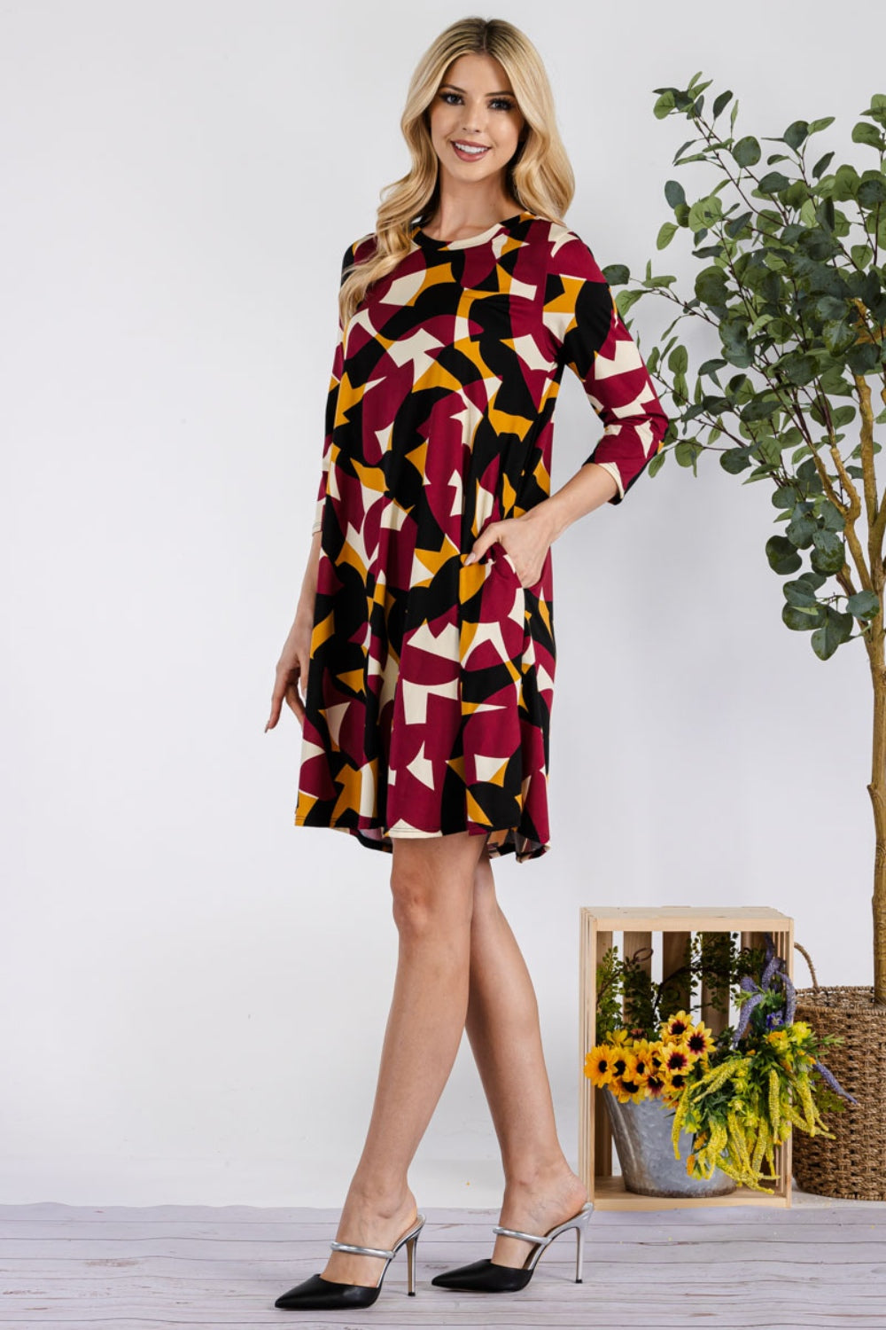 Full Size Geometric Round Neck Dress with Pockets