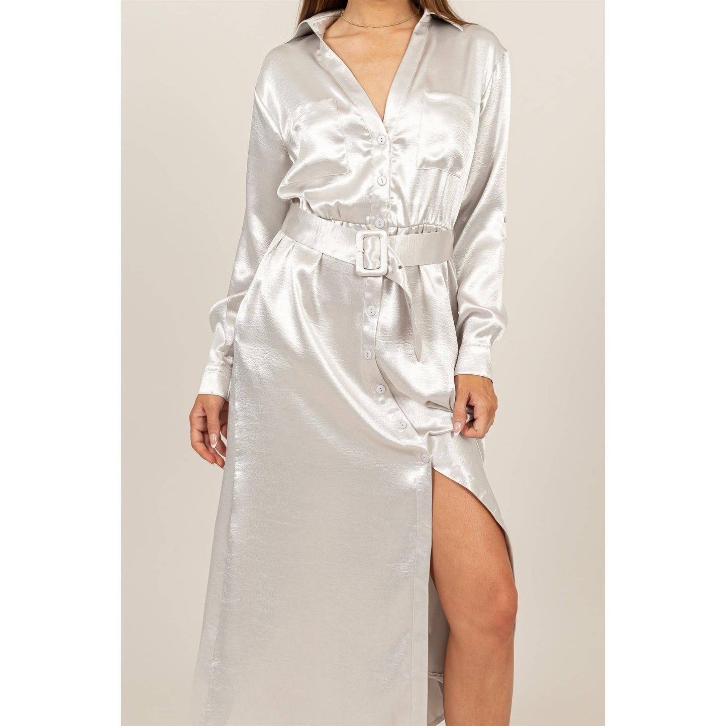 HF24C828-SATIN SHIRT DRESS WITH BELT