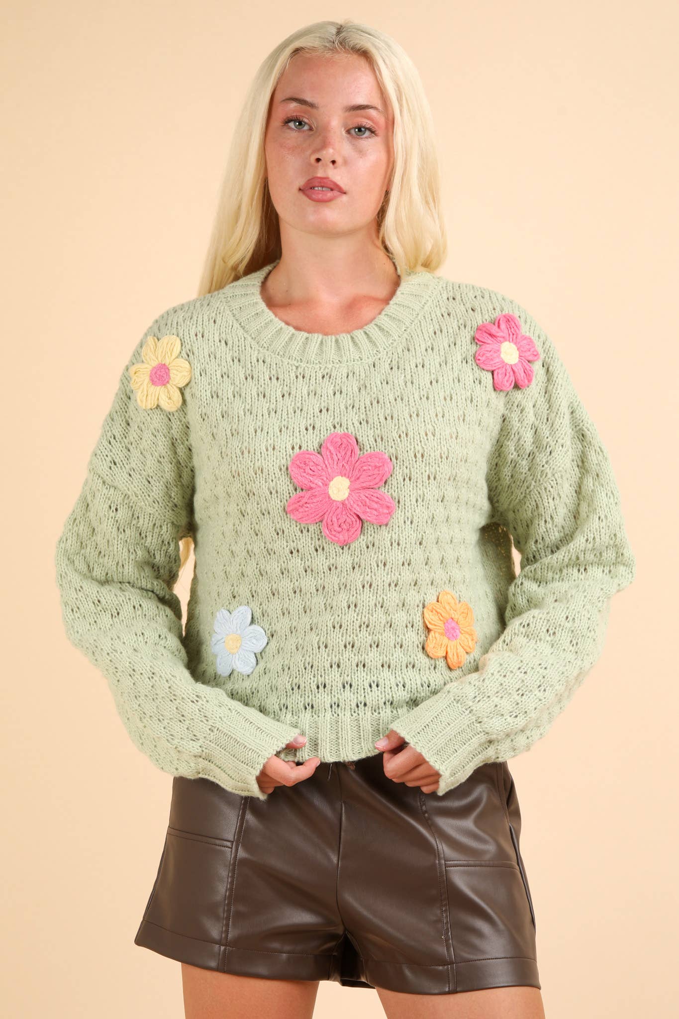 12W3111N-Hand Made Flower Applique Knit Sweater Top
