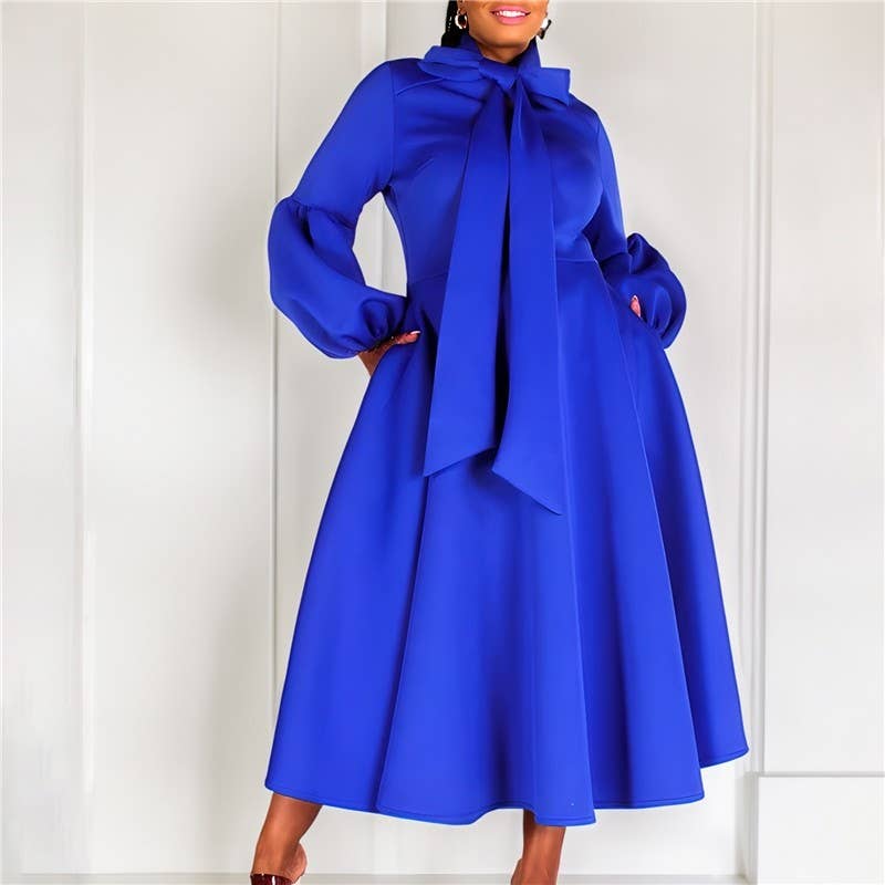 Bubble Sleeve Tie-Waist Maxi Evening Dress