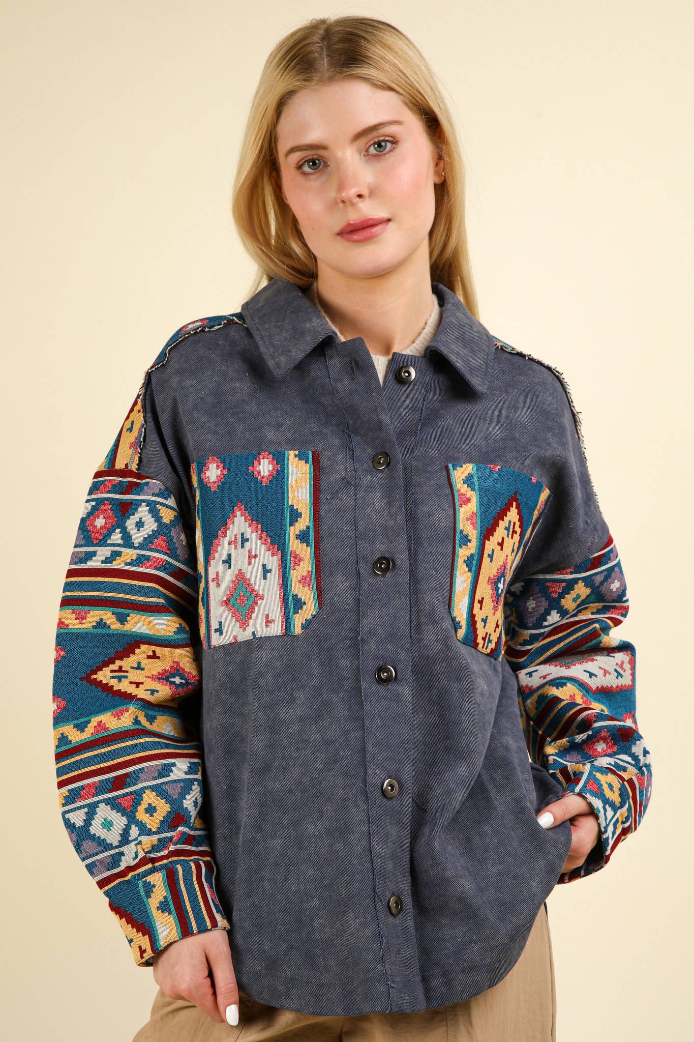 NJ90328-Aztec Graphic Oversized Button Down Shacket Jacket