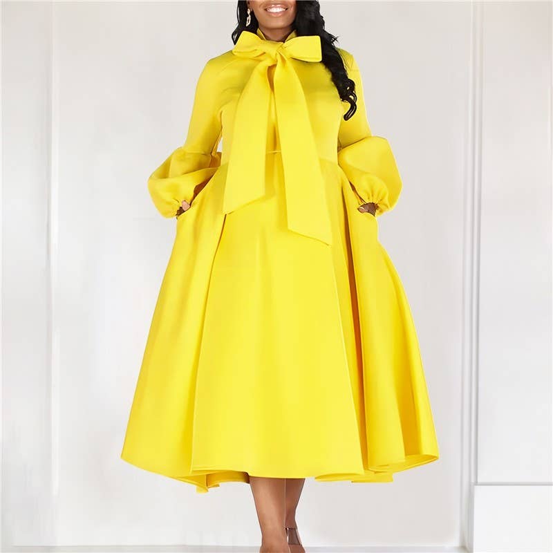 Bubble Sleeve Tie-Waist Maxi Evening Dress