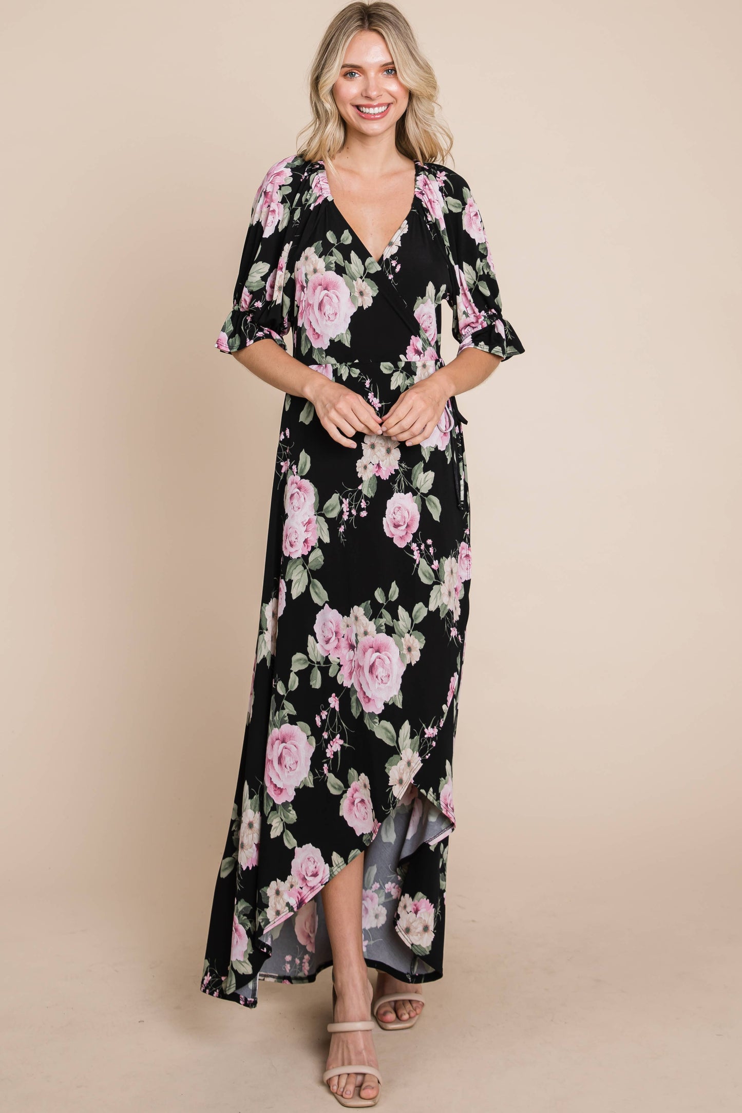 ETD-839 Floral Faux Wrap High Low Maxi Dress