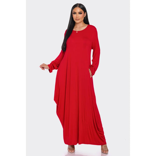 Solid Maxi Long Sleeve Tunic Dress with Pockets