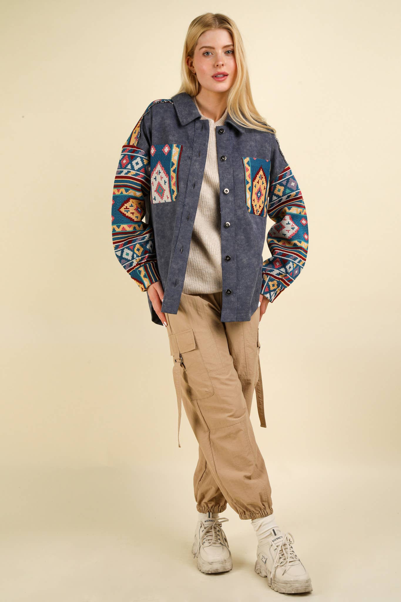 NJ90328-Aztec Graphic Oversized Button Down Shacket Jacket