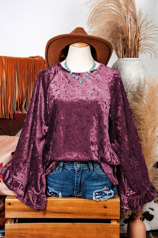 Fashion-W Velvet Pagoda Sleeve Crew Neck Top